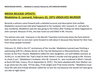 MEDIA RELEASE UPDATE: Madeleine G. Leonard, February 22, 1973 UNSOLVED MURDER