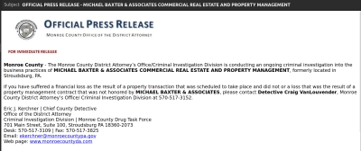 DA OFFICIAL PRESS RELEASE - MICHAEL BAXTER &amp; ASSOCIATES COMMERCIAL REAL ESTATE AND PROPERTY MANAGEMENT