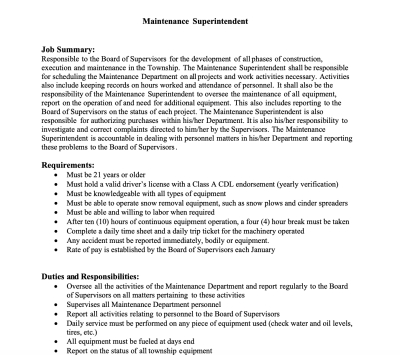 Barrett Township is Hiring: Maintenance Superintendent