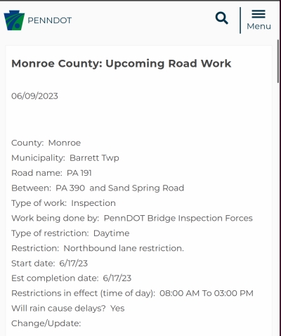 Traffic Alert: PennDOT Bridge Inspection: June 17, 2023