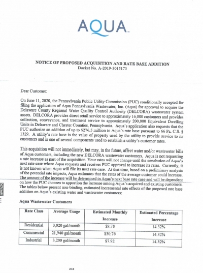 AQUA Notice of Proposed Acquisition and Rate Base Addition